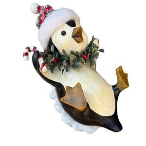 Vtg Christmas polyresin White Playful 9" Penguin Bird in Stocking Cap Figurine